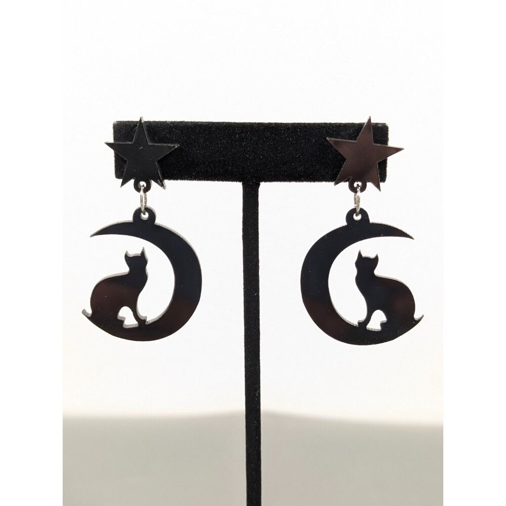 Black Cat Crescent Moon Star Plastic Acrylic Dangle Earrings Pierced Gothic